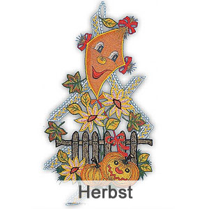 zur Kategorie Herbstbilder Fensterbild aus Plauener Spitze, Herbst auf weißem Hintergrund