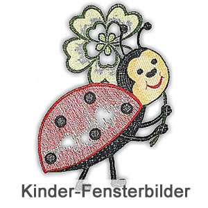 Fensterbild aus Plauener Spitze, Marienkäfer auf weißem Hintergrund