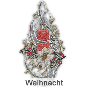 Fensterbild aus Plauener Spitze, Weihnachten auf weißem Hintergrund